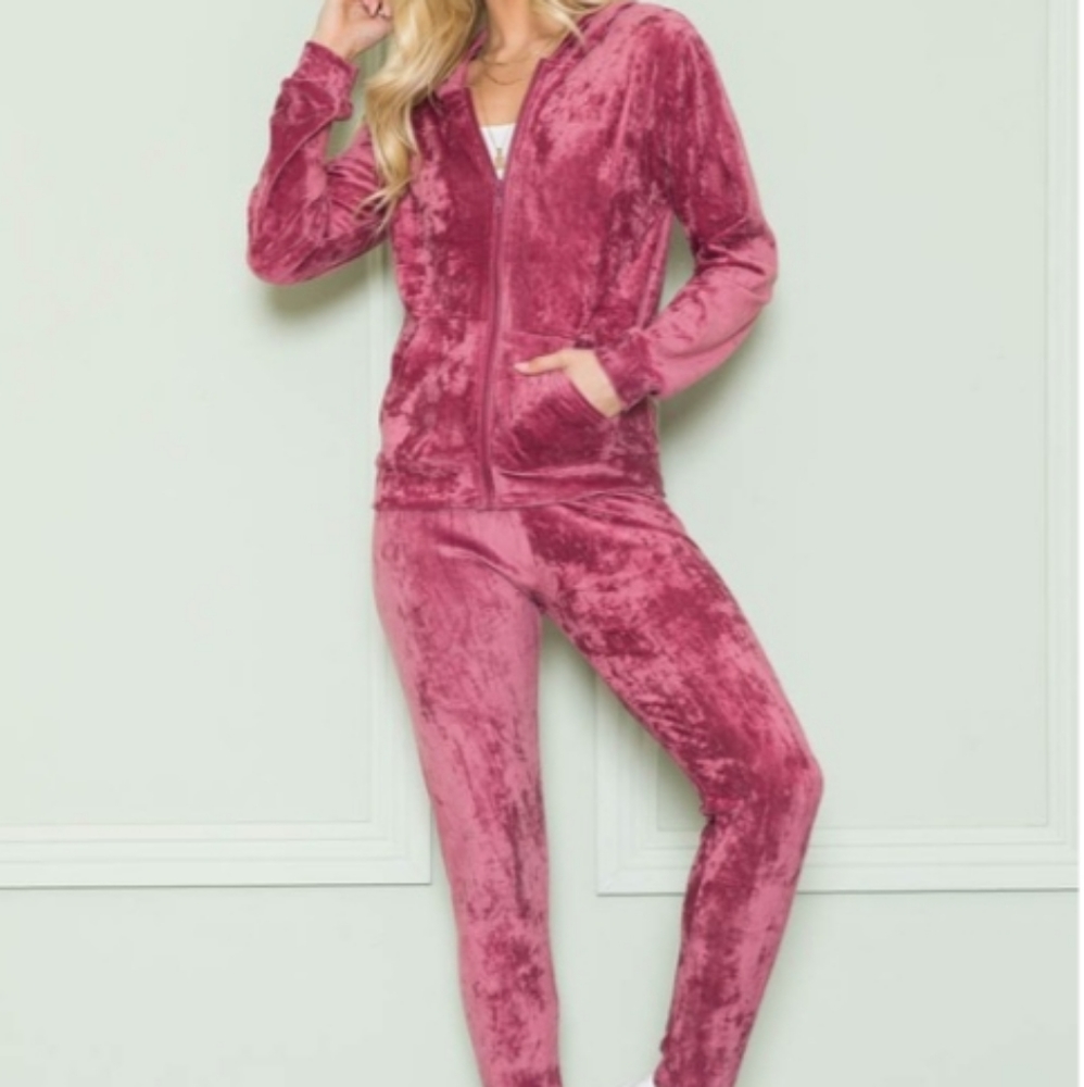 Zip Hoodie Velour Track Suit Set- Burgundy/Pink